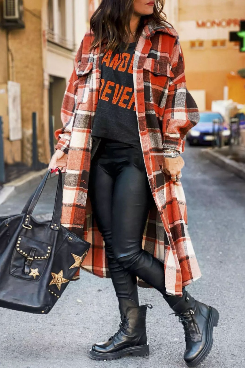 Lapel Plaid Slit Long Woolen Coat