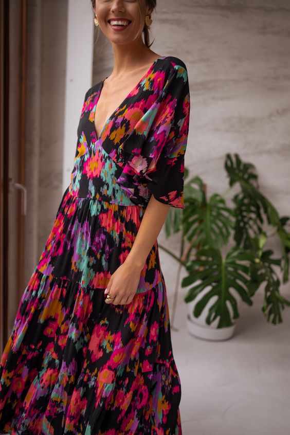 V Neck Floral Bat Maxi Dress - Fashionpara