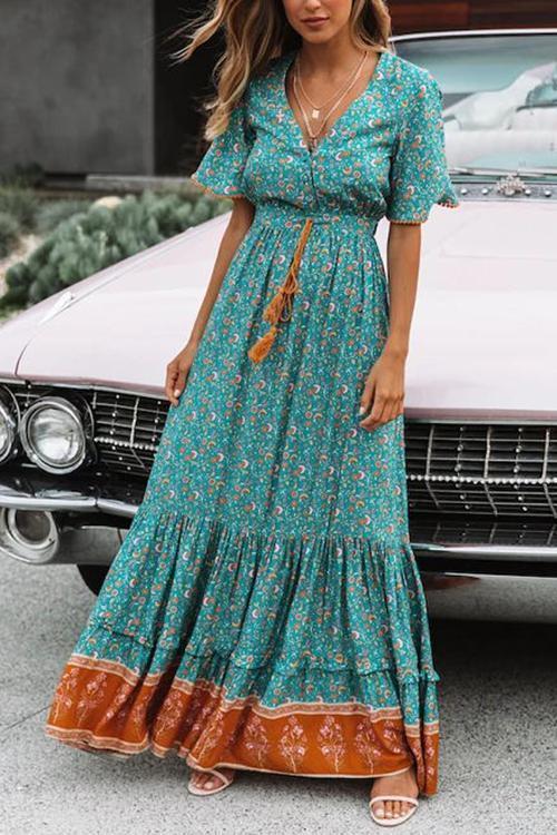 Floral Print Short Sleeve Maxi Dress - Fashionpara