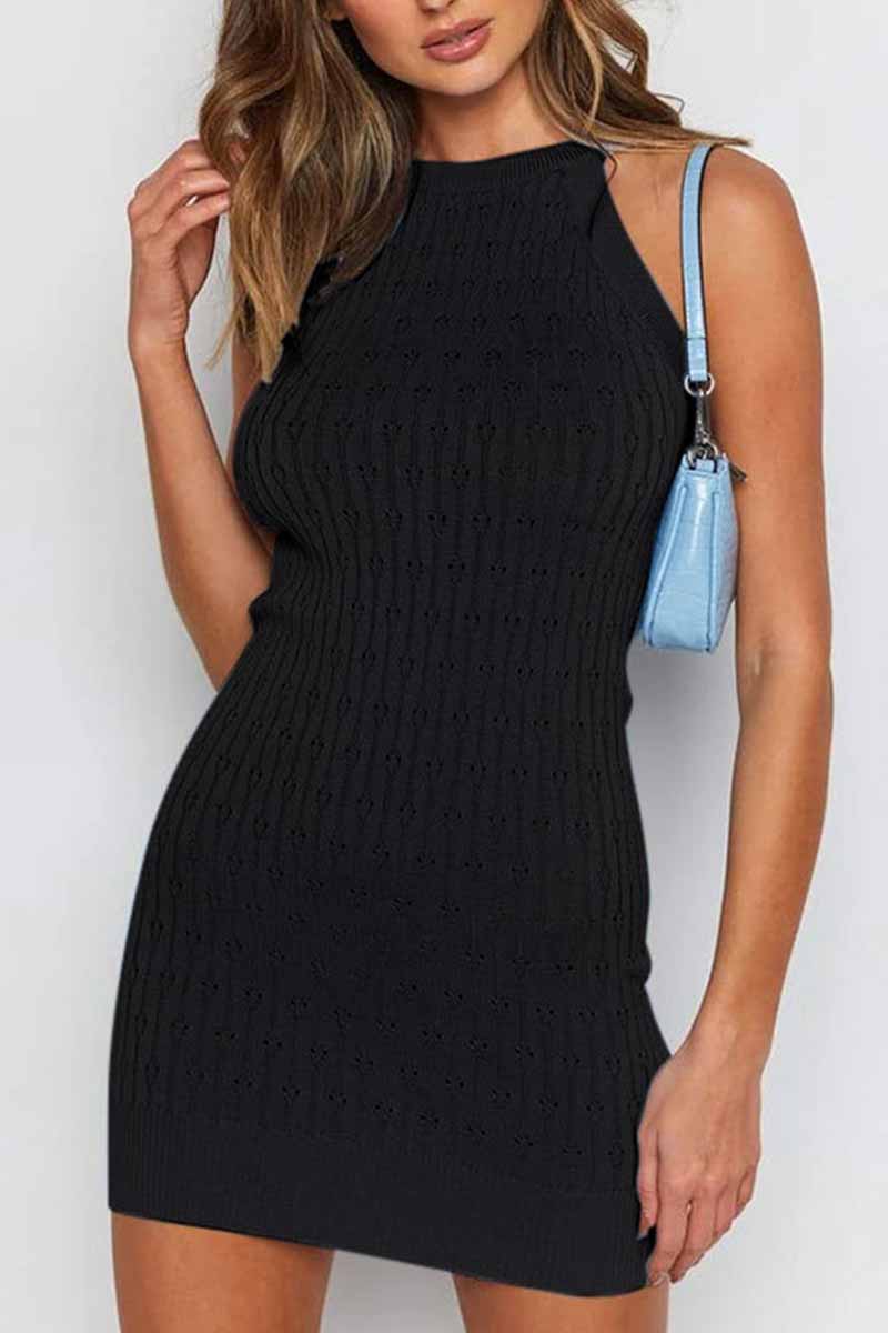 Florcoo Sexy Solid Color Sleeveless Striped Knitted Bag Hip Mini Dress(3 colors) - Fashionpara