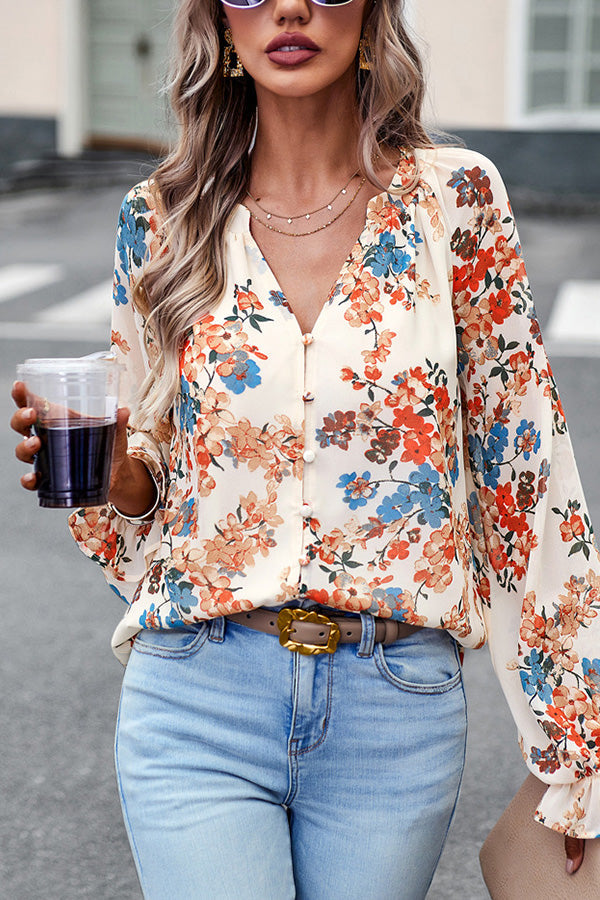 Floral Print V Neck T-shirt Tops