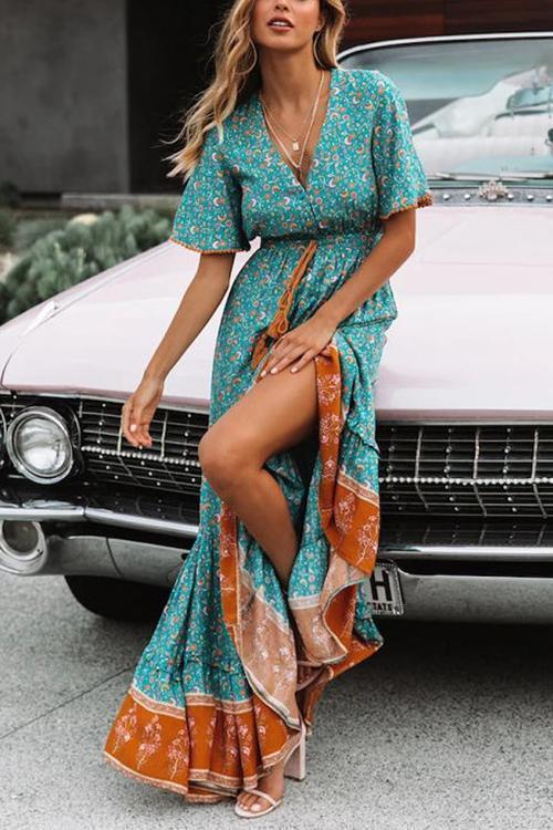 Floral Print Short Sleeve Maxi Dress - Fashionpara