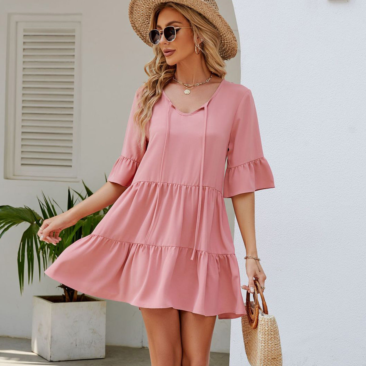 Solid Color Ruffled Hem Casual Dress - Fashionpara