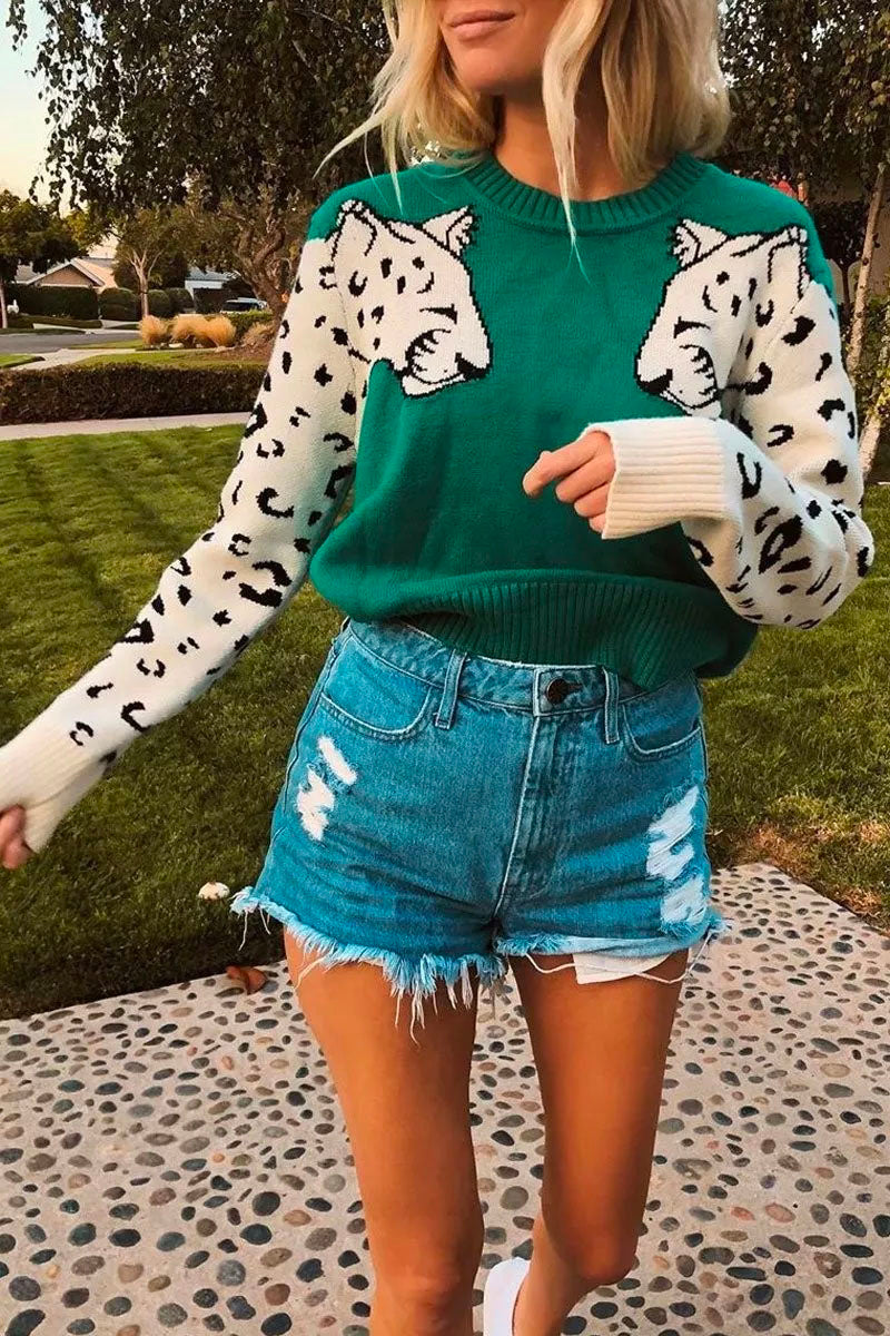 Snow Leopard Patchwork Green Sweater