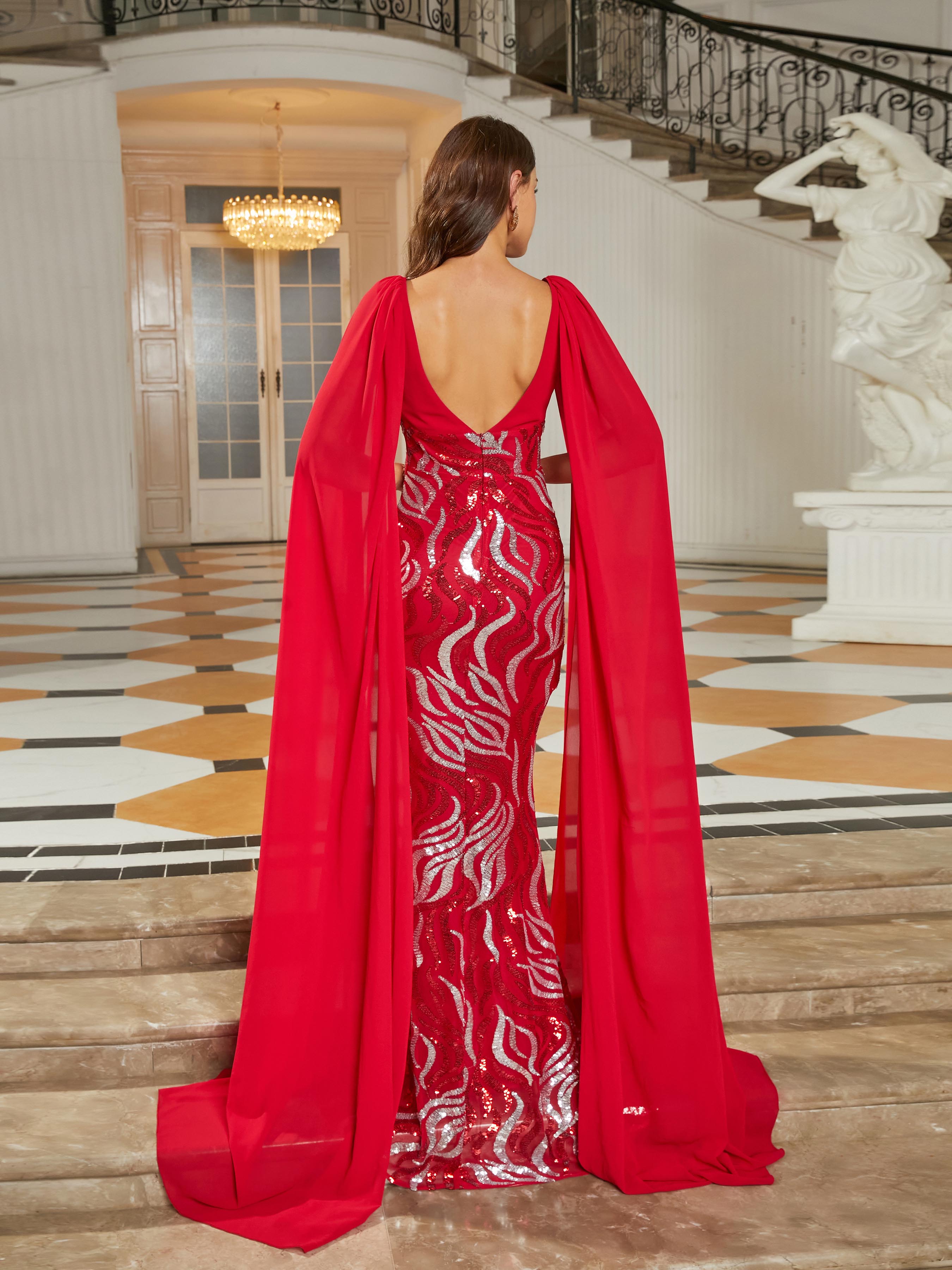 V-Neck Long Sleeve Red Sequin Maxi Prom Dress RM20716