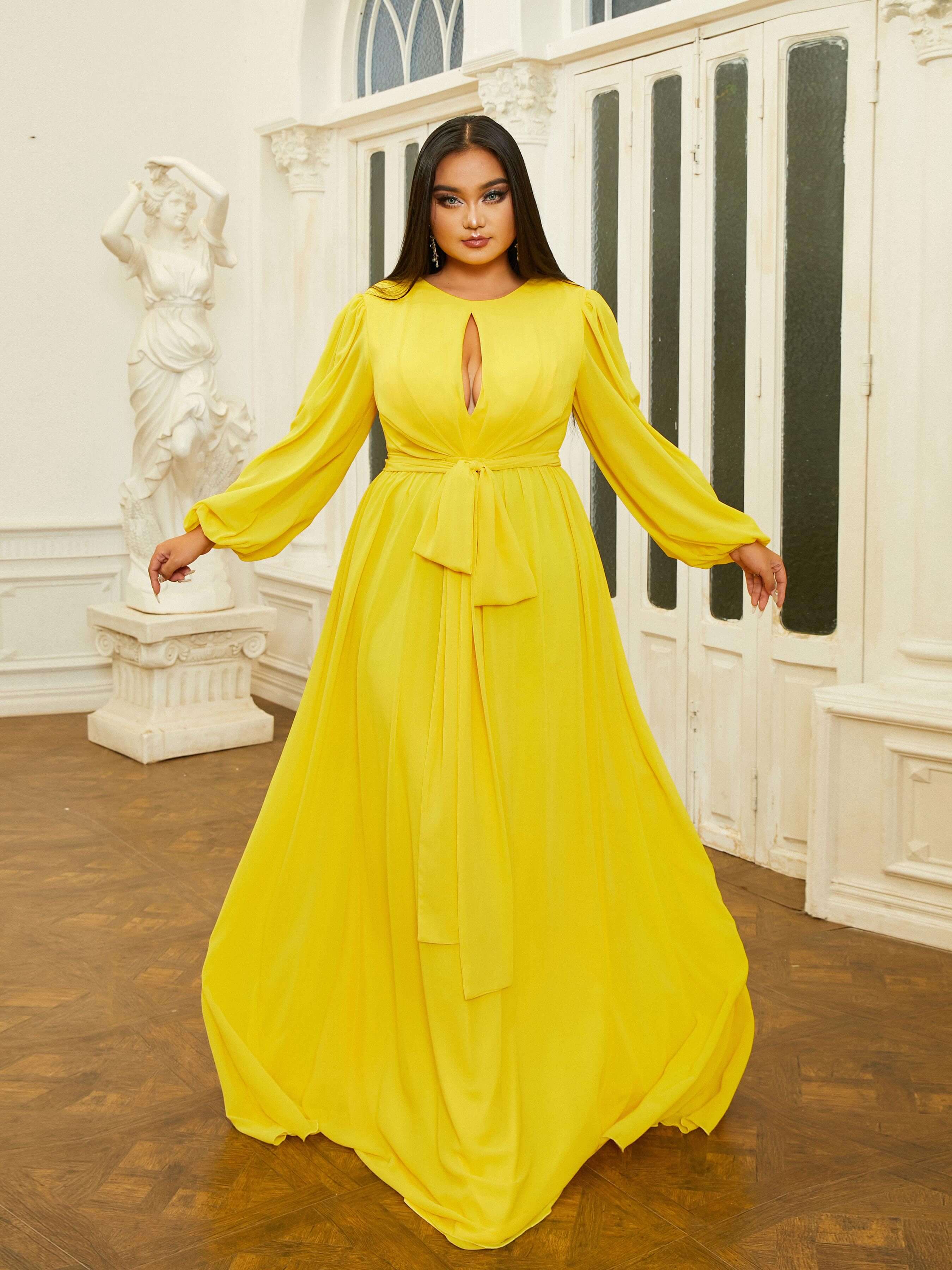 Plus Size Cutout Belt Ballon Sleeve Prom Dress PRJ10965