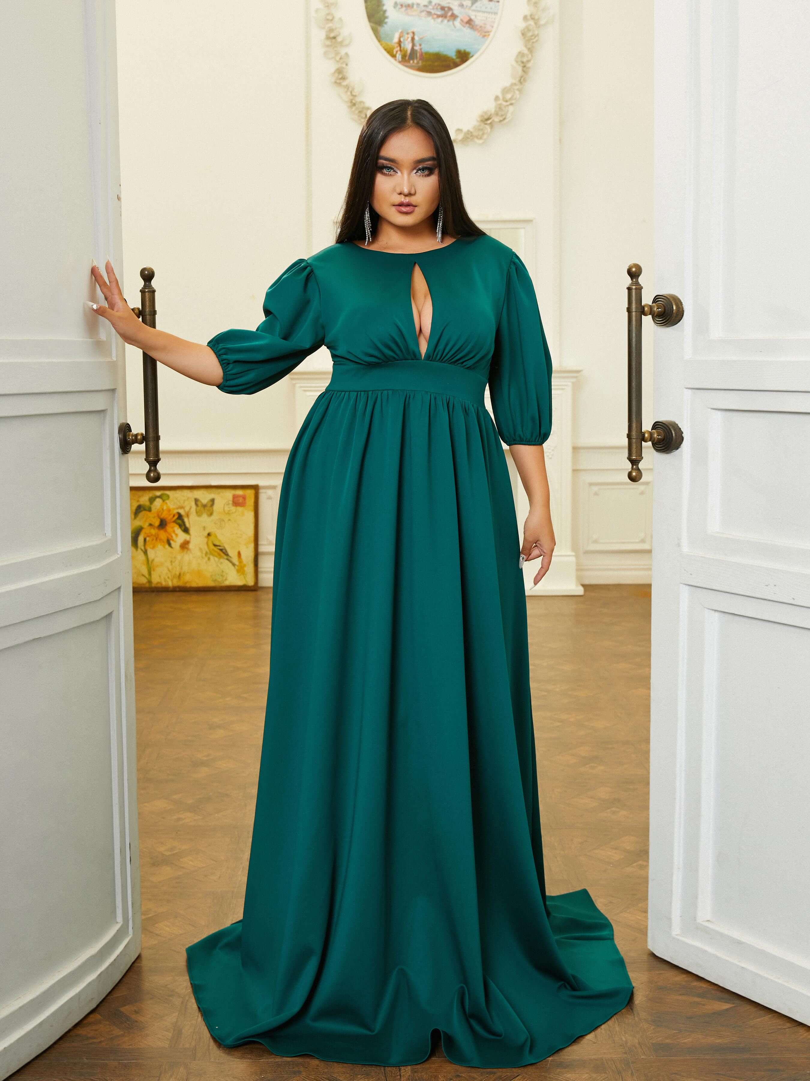 Plus Size Cutout Ballon Sleeve A-line Prom Dress PRM20986