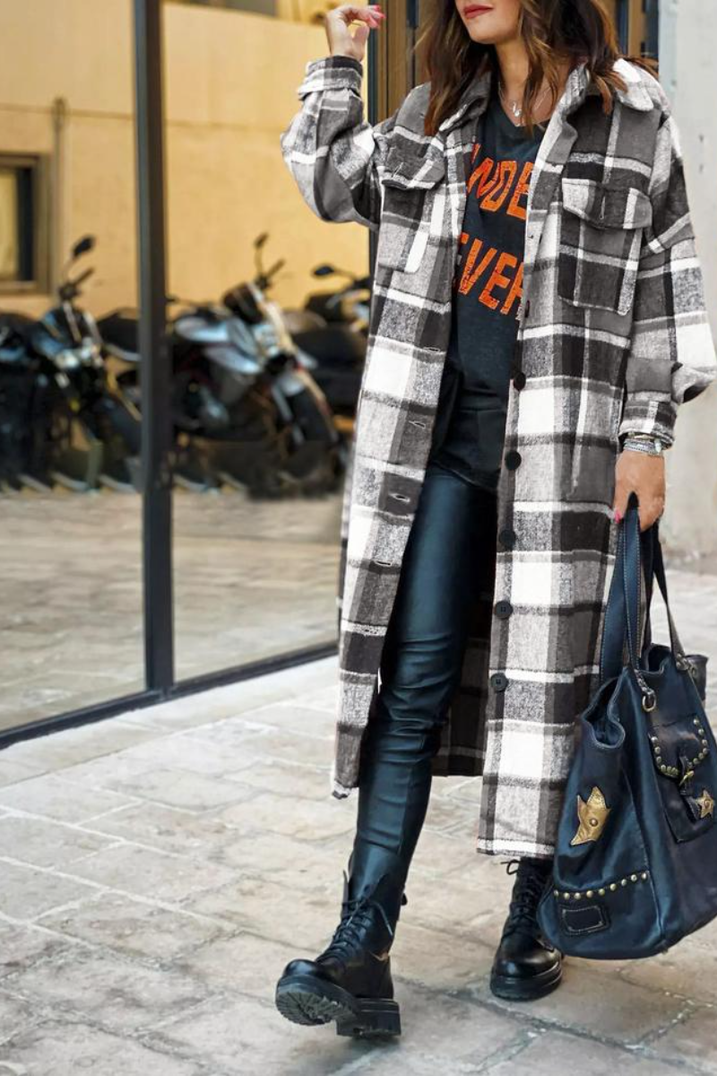 Lapel Plaid Slit Long Woolen Coat