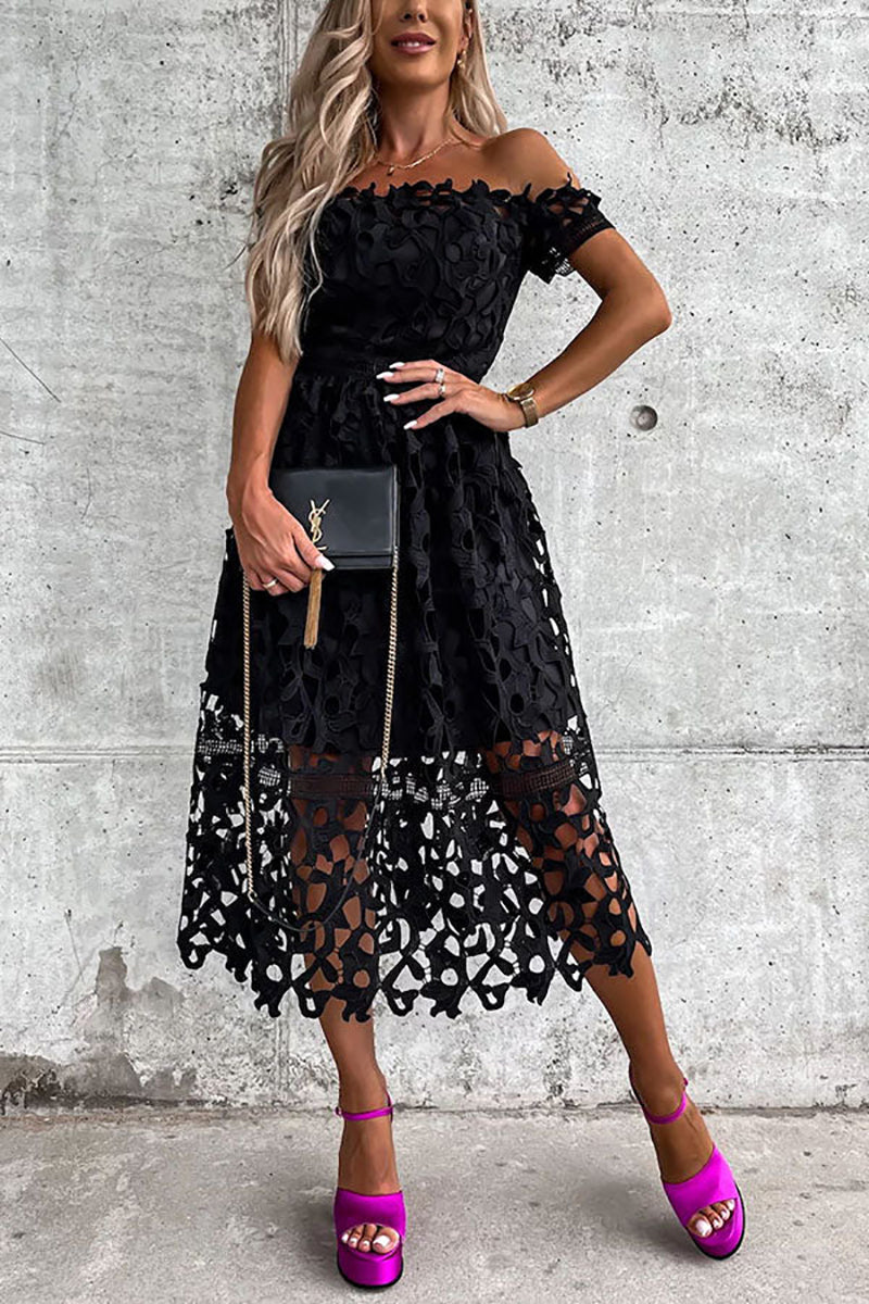 Off Shoulder Crochet Lace Prom Dress - Fashionpara