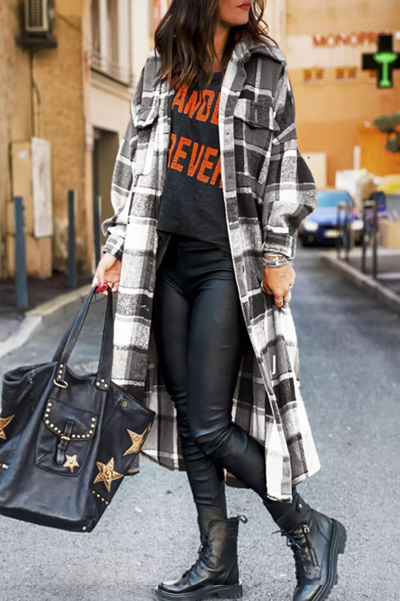 Lapel Plaid Slit Long Woolen Coat