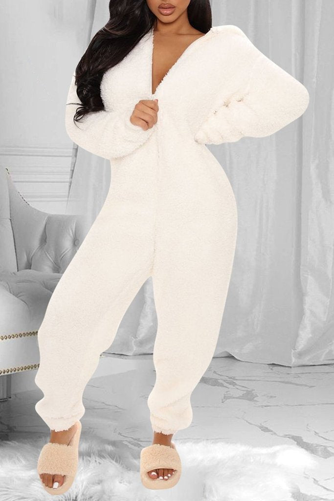 Fuzzy Hoodie Collar Jumpsuit Pajamas - Fashionpara