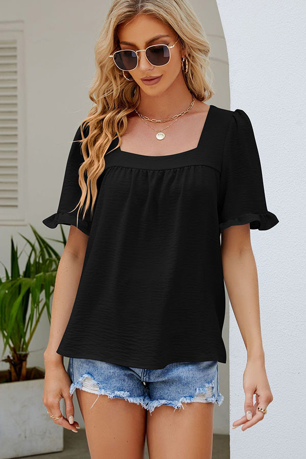 Square Neck Short Sleeve Casual Tops