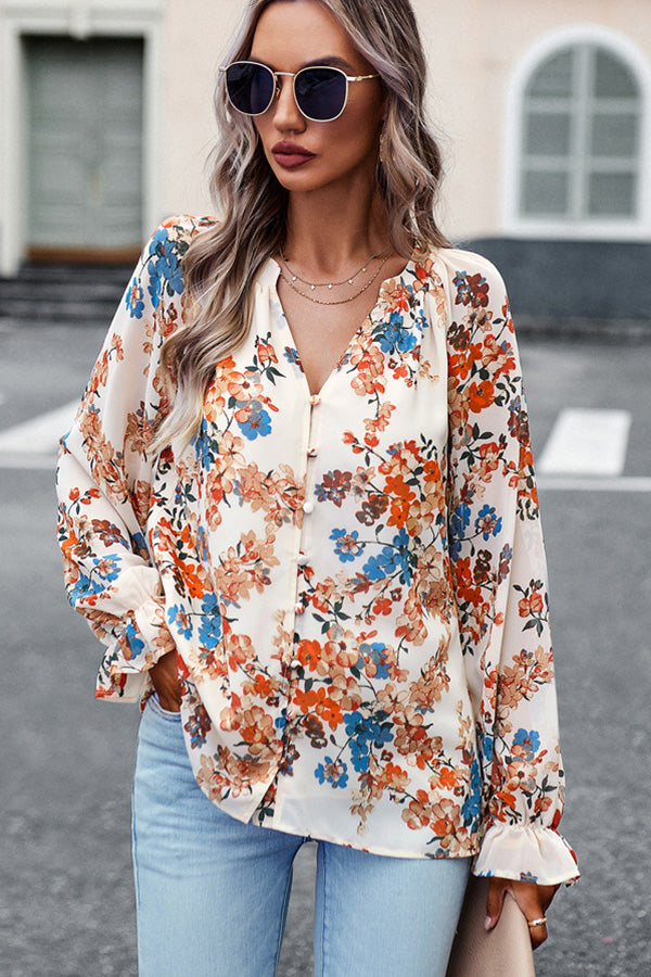 Floral Print V Neck T-shirt Tops