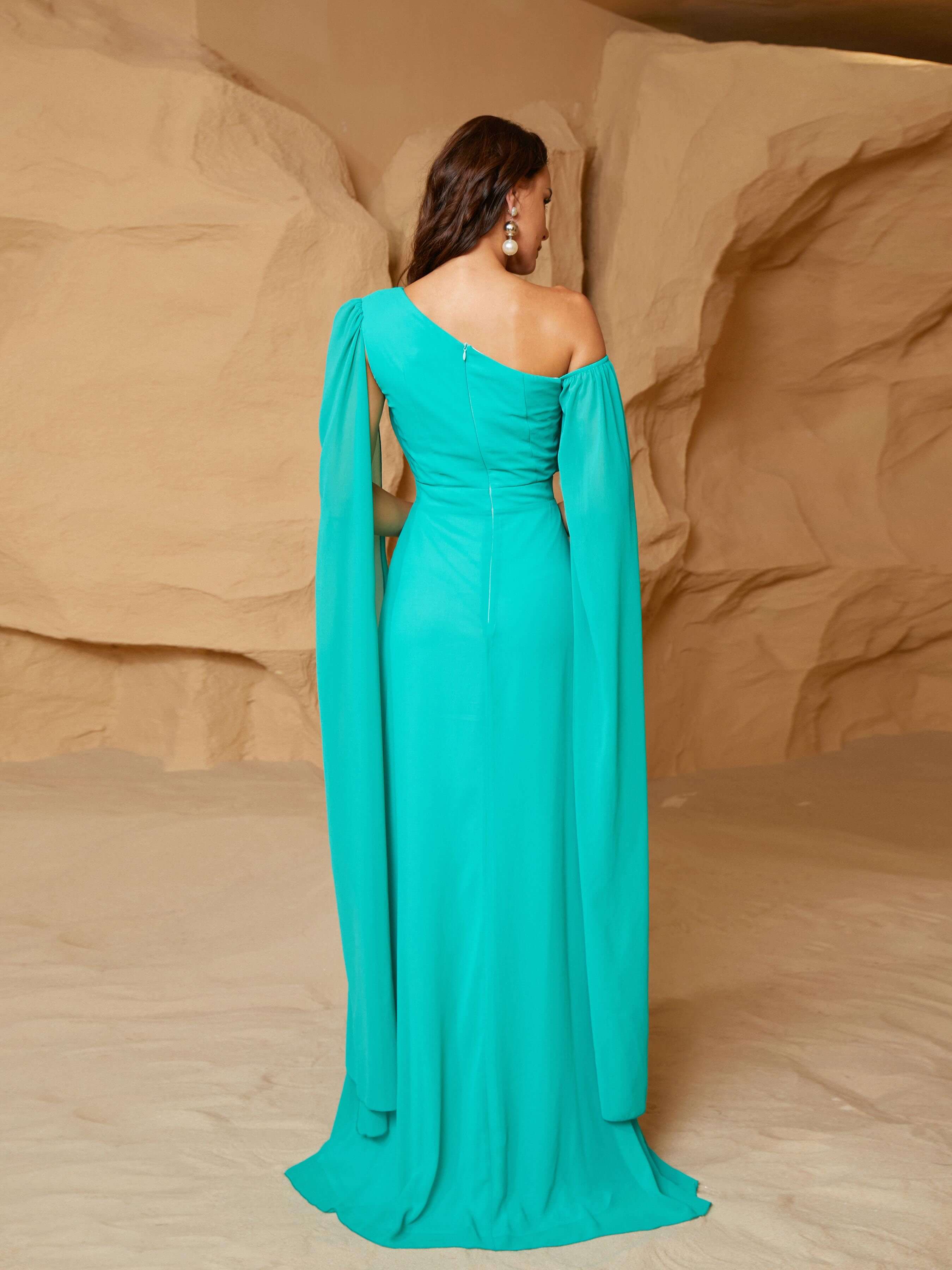 One Shoulder Hign Splite Green Prom Dress RM20801