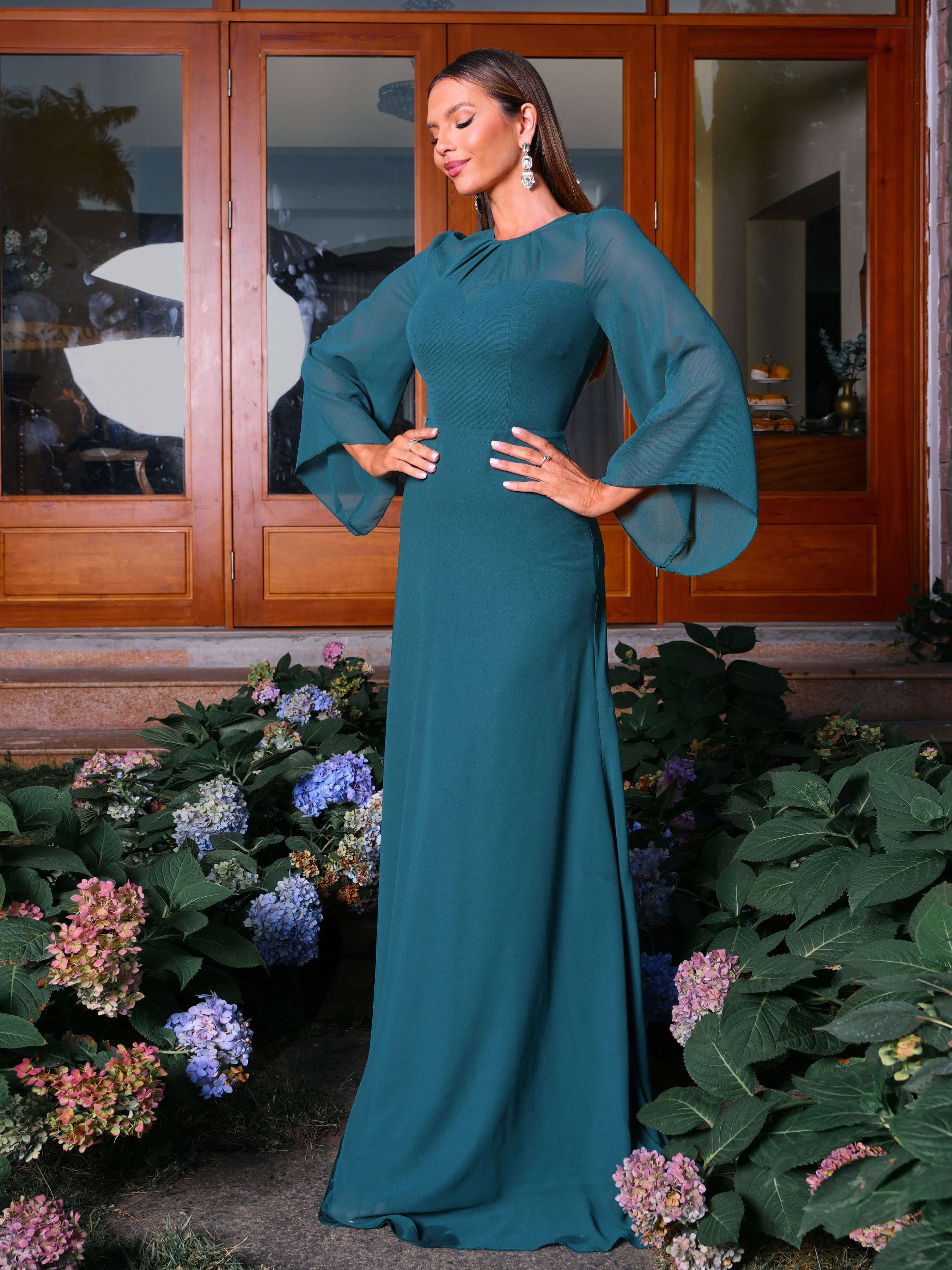 Crew Neck Bell Sleeve See Through Prom Dress RH308049