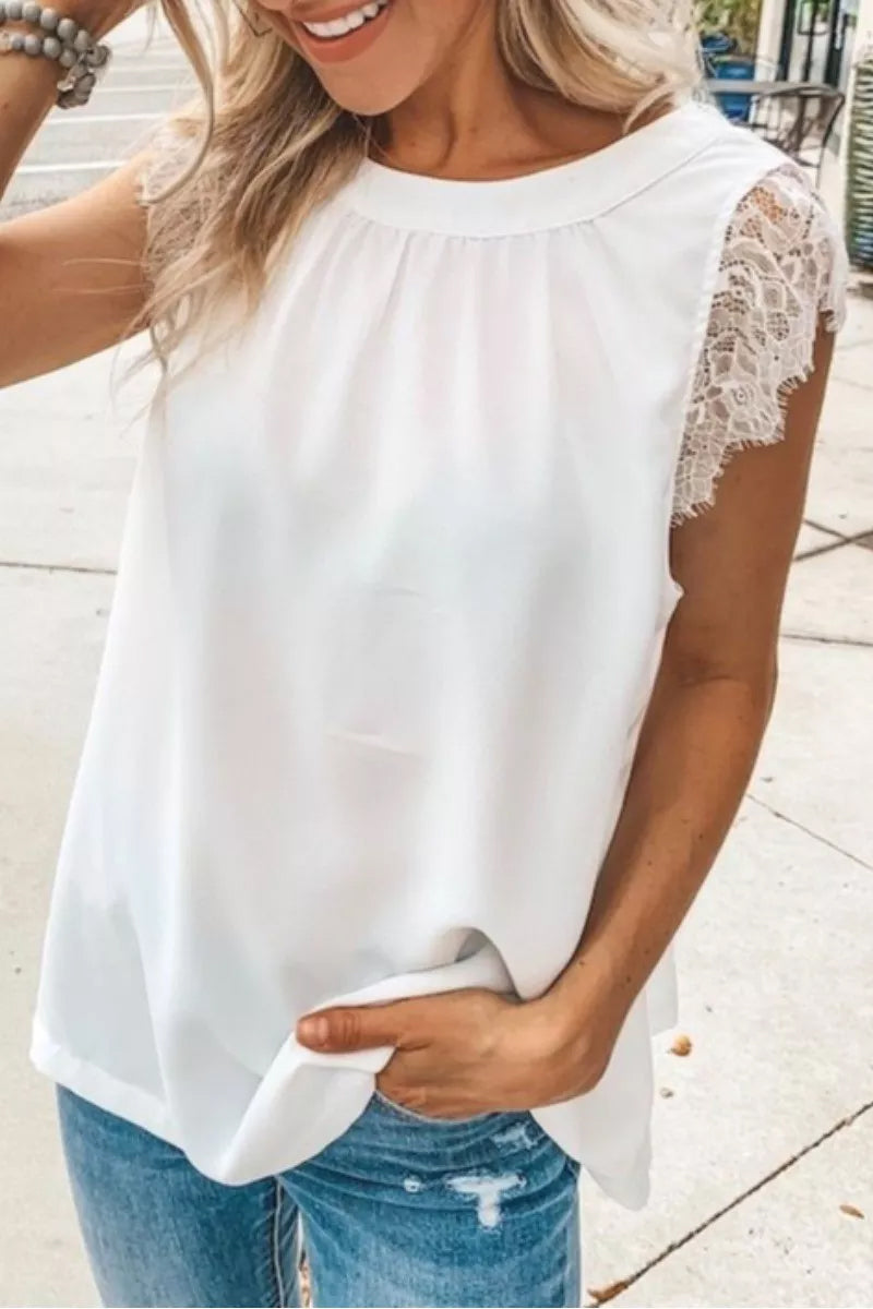 Lace Hem Design Solid White Blouse