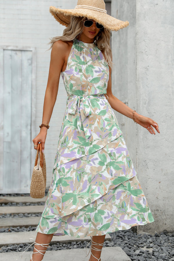 Fashion Print Knot Waist Ruffle Sleeveless Dress - Fashionpara