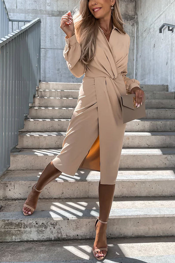 Twist V Neck Slit Midi Dress - Fashionpara