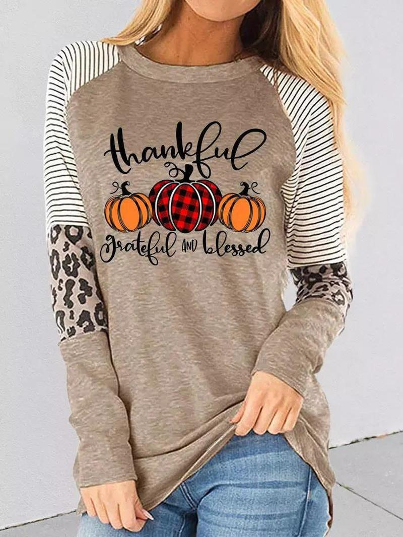 Thankful Striped Leopard Splicing Plaid Pumpkin Blouse