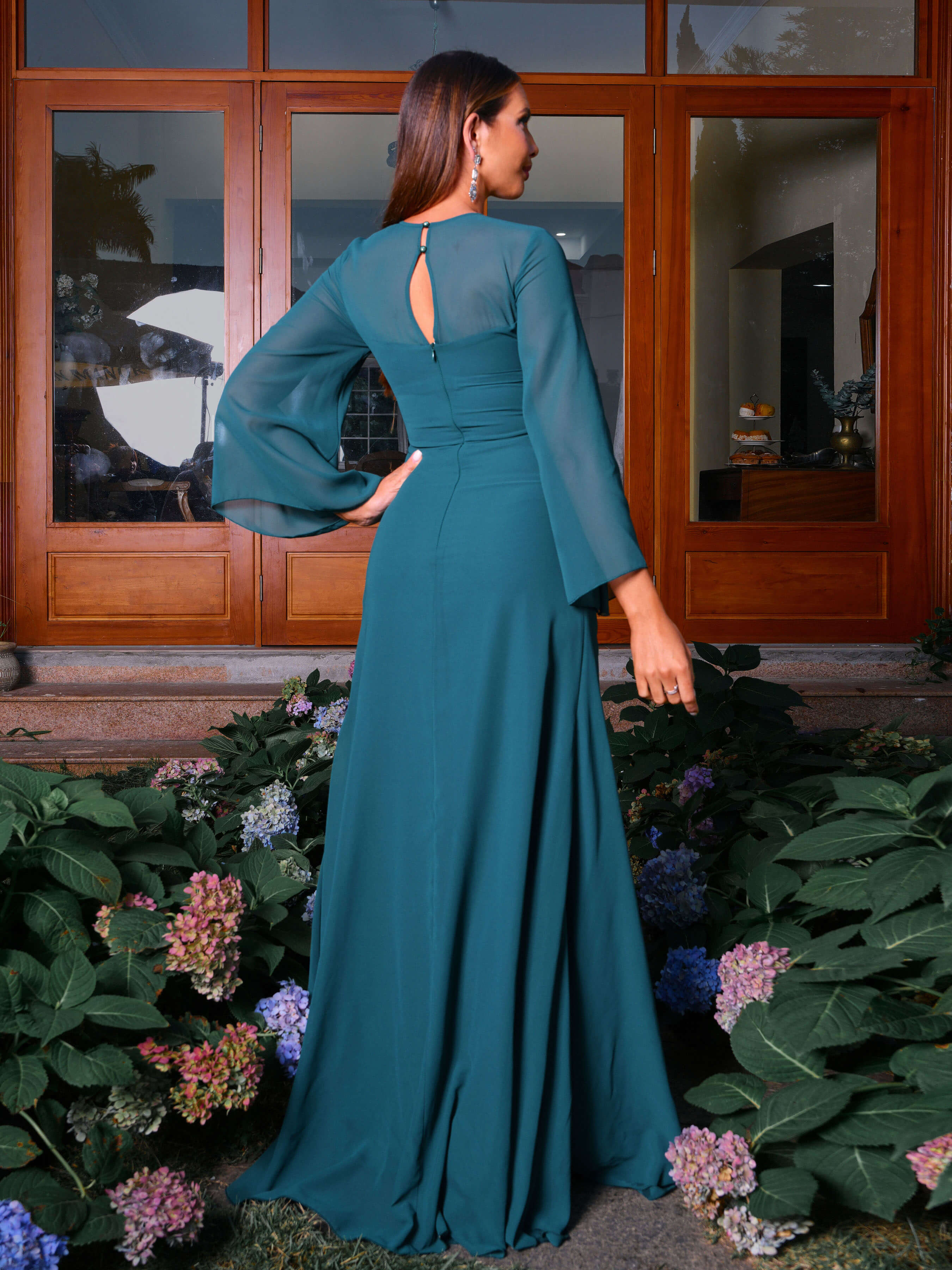 Crew Neck Bell Sleeve See Through Prom Dress RH308049