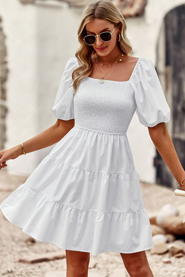 Solid Color Ruffle Hem Short sleeve Dress - Fashionpara