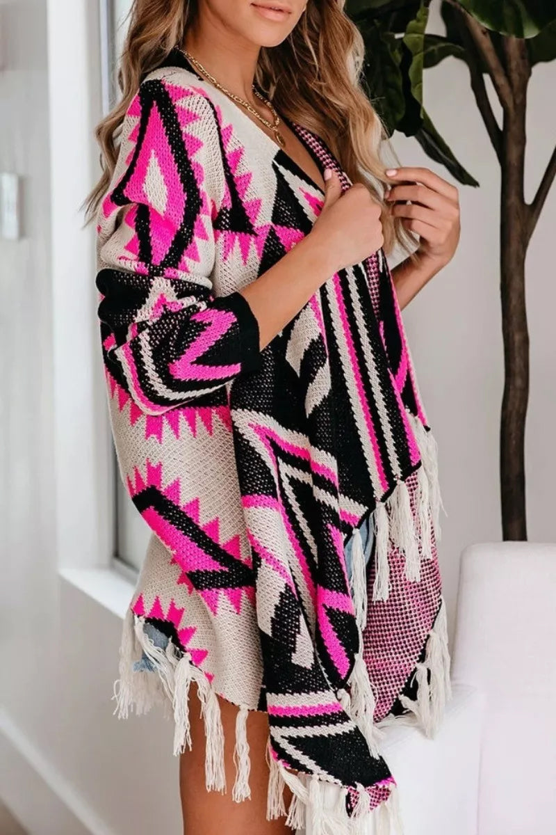 Geometric Print Tassel Design Cardigan