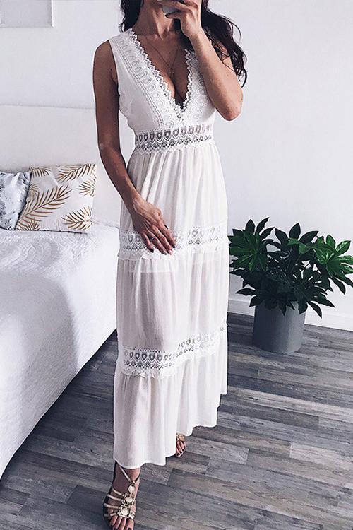 Lace V Neck Sleeveless Maxi Dress - Fashionpara