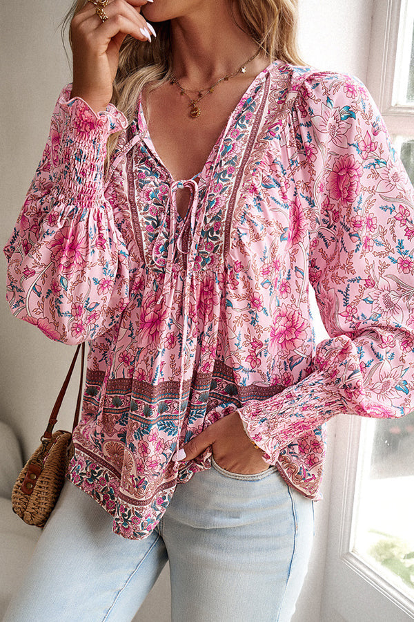 V Neck Floral Print Long Sleeve Casual Tops