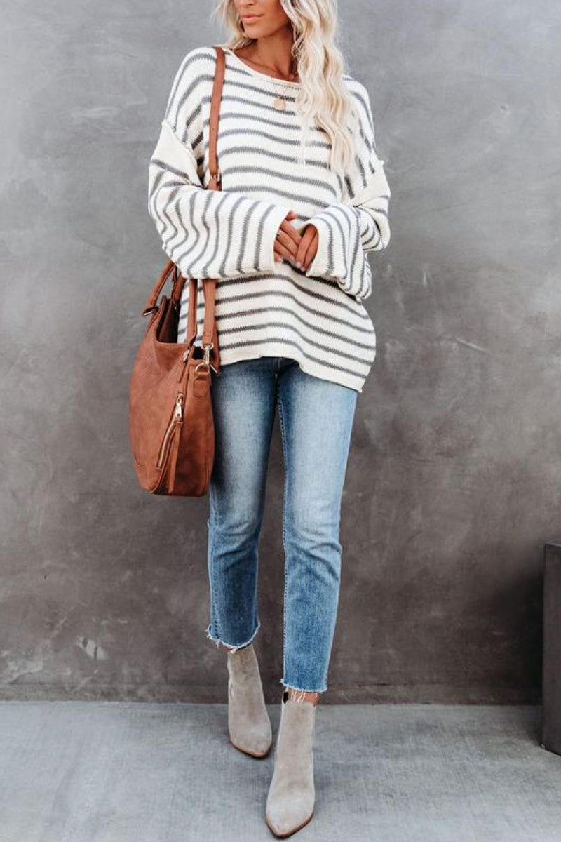 O Neck Striped Loose White Sweater