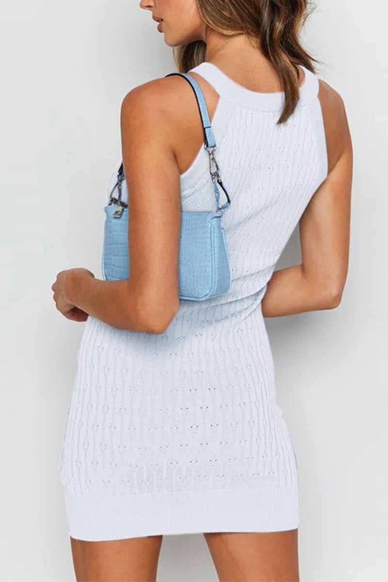 Florcoo Sexy Solid Color Sleeveless Striped Knitted Bag Hip Mini Dress(3 colors) - Fashionpara