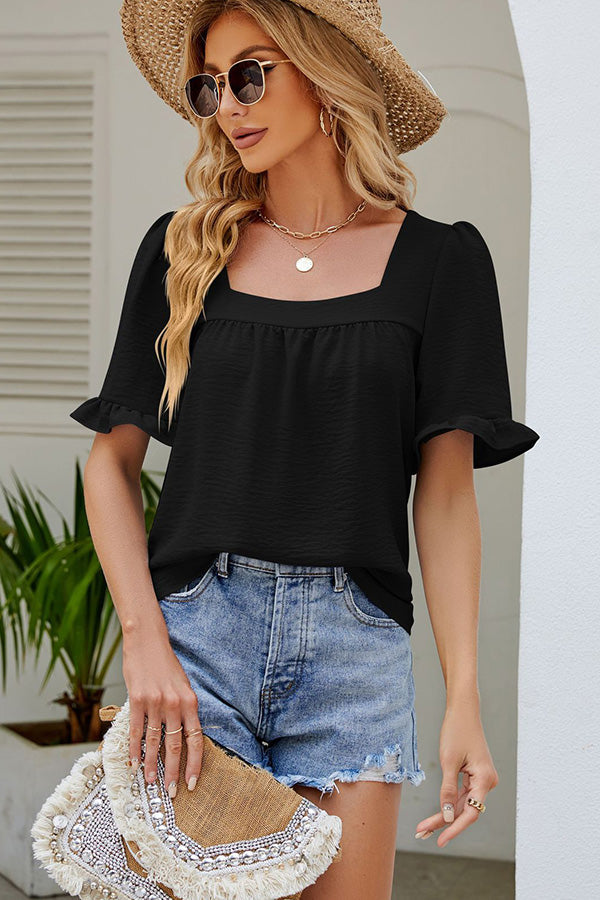 Square Neck Short Sleeve Casual Tops