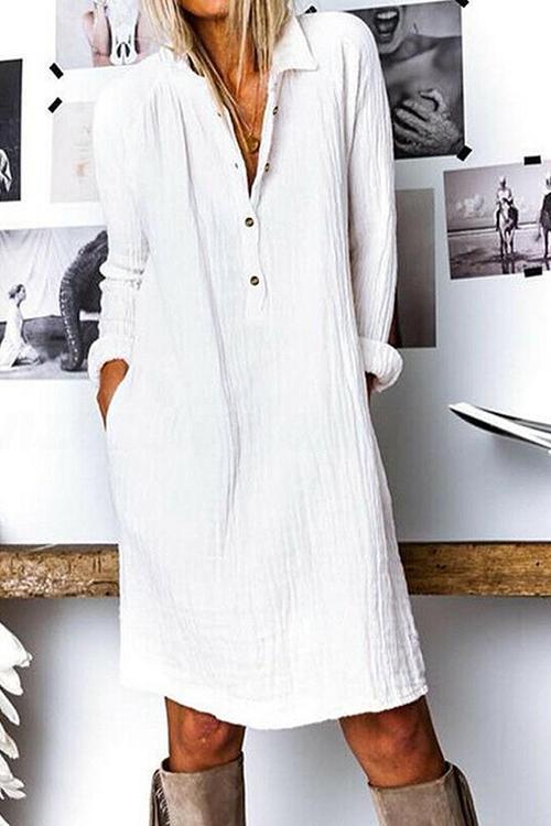 Linen Button Pockets Long Sleeve Dress - Fashionpara