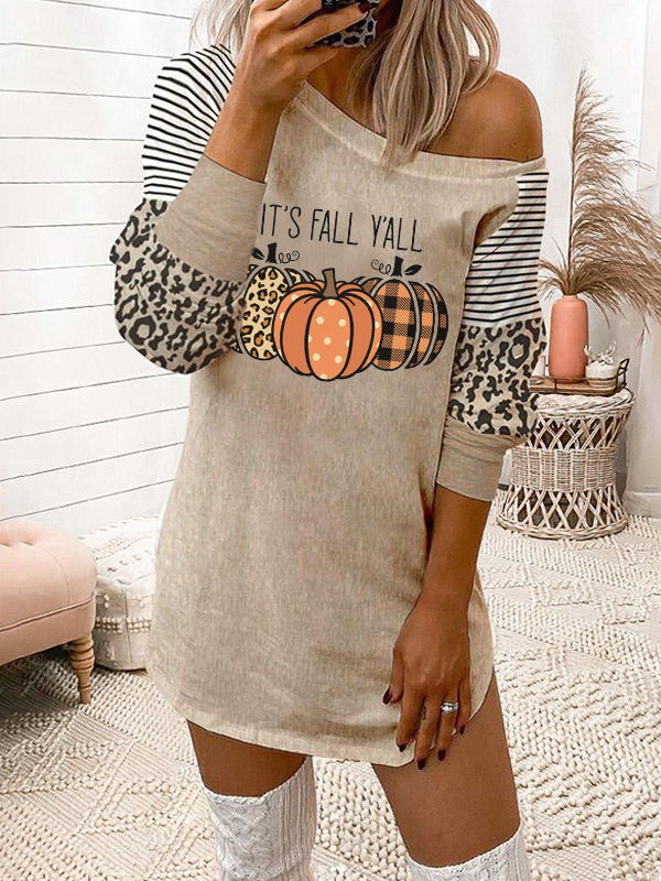 It's Fall Y'all Pumpkin Print Long Sleeve Mini Dress