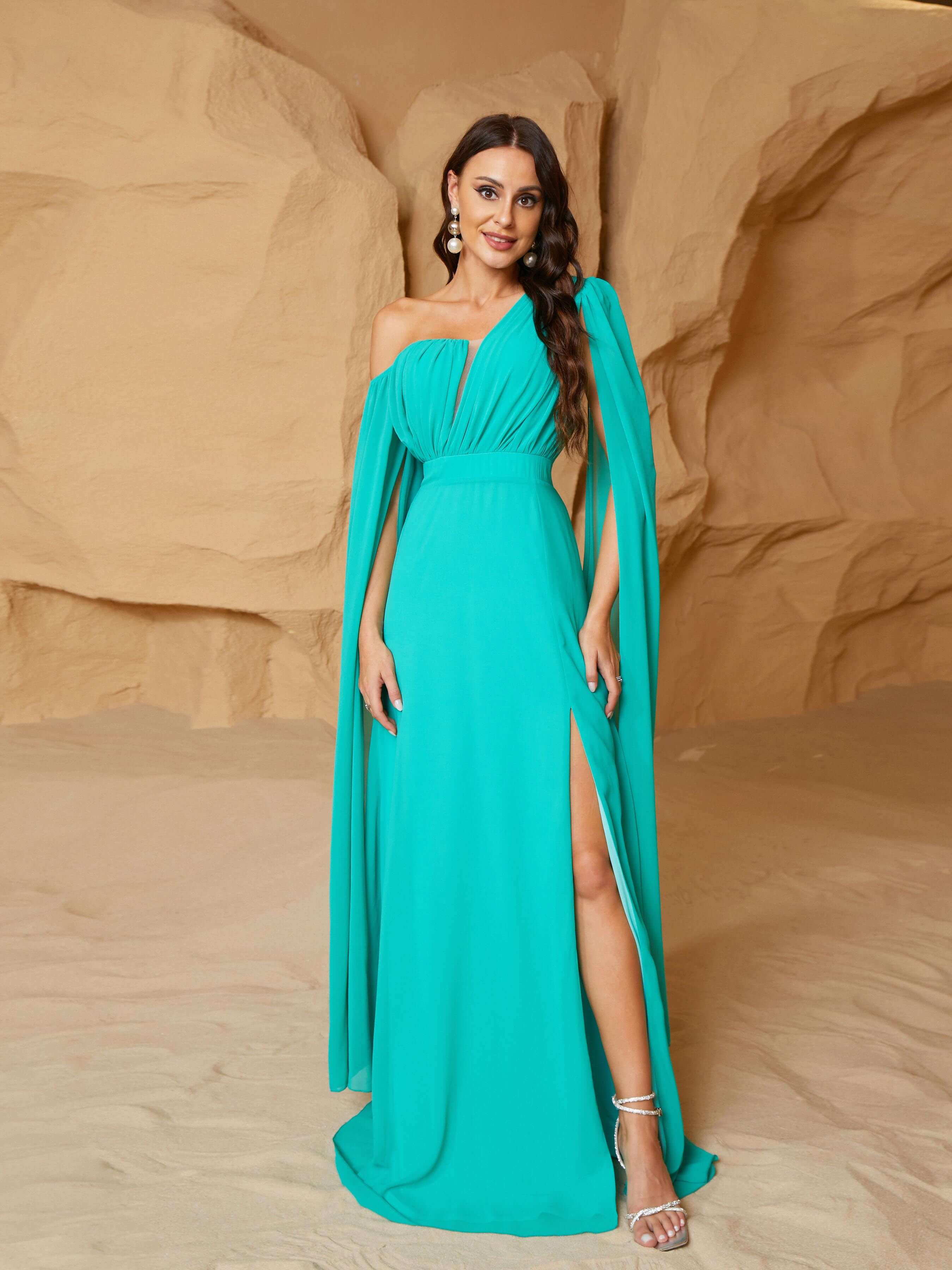 One Shoulder Hign Splite Green Prom Dress RM20801