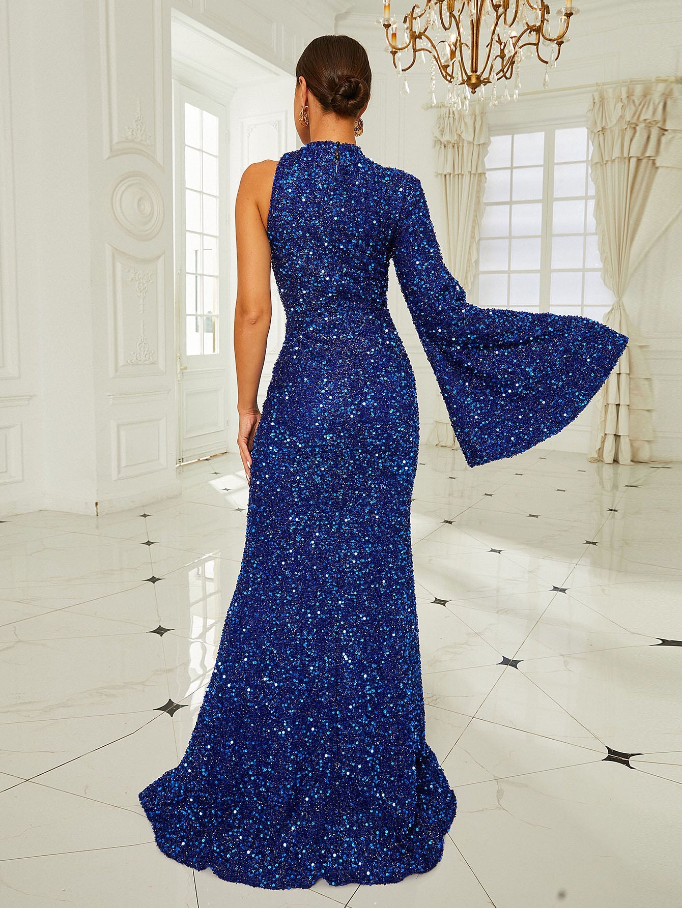 Sexy Bell Sleeve Sequin Blue Evening Dress RJ10521