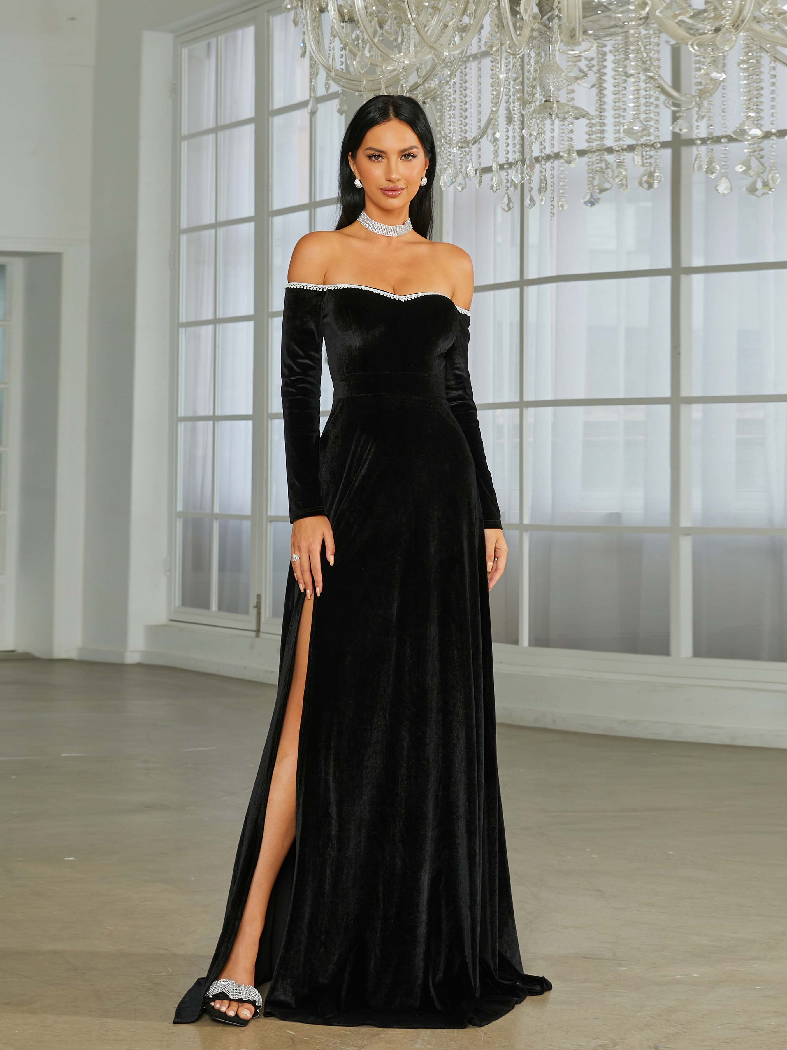 Off The Shoulder High Split Black Velvet Evening Dress XJ1946