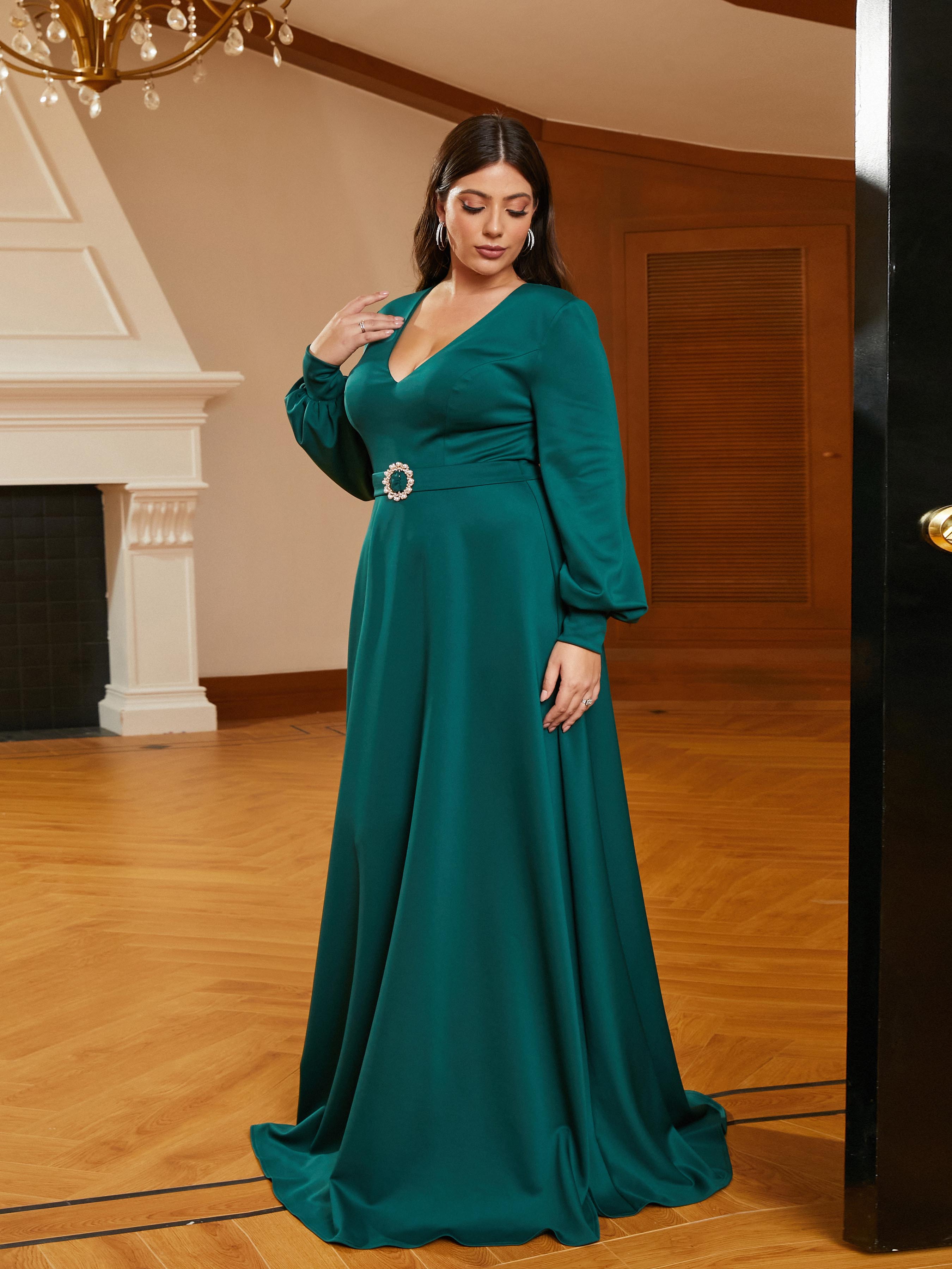 Plus Size V-neck A-line Belt Green Wedding Guest Dress PRM20854