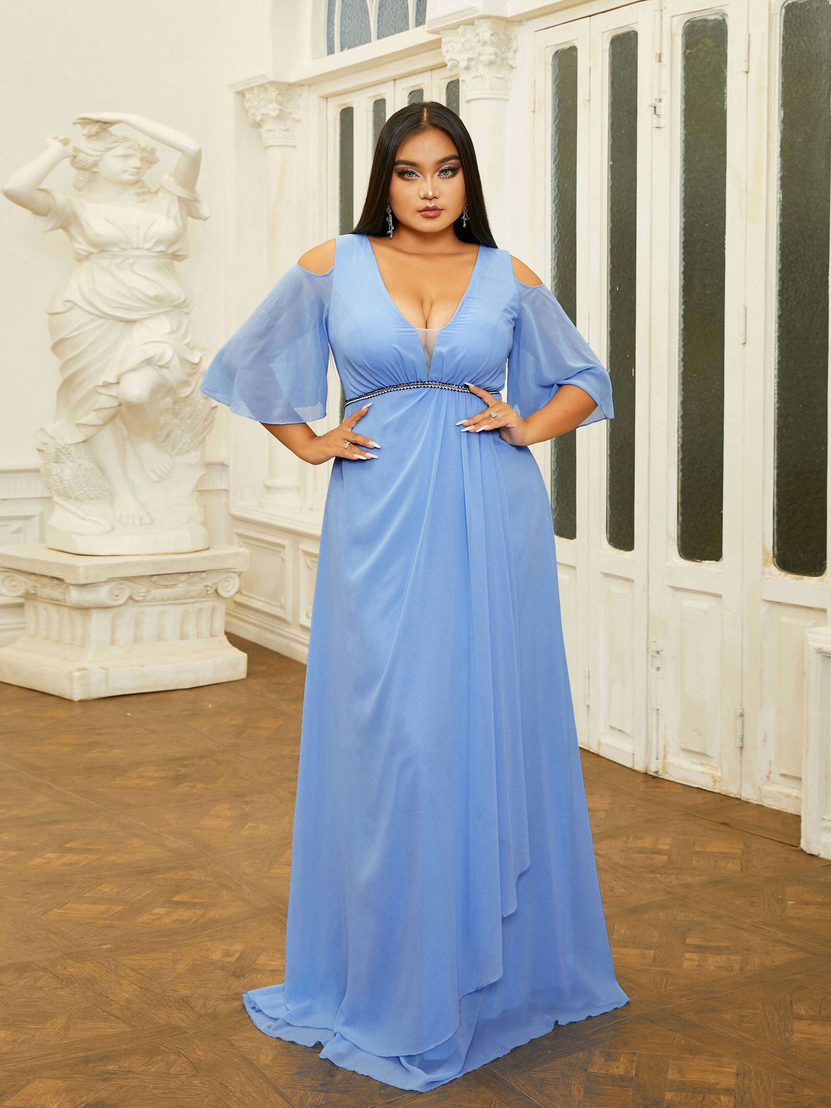 Plus Size Cutout V-neck A-line Prom Dress PRM21126