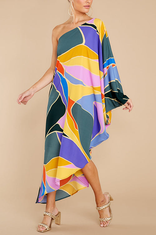 Multi Print Asymmetrical One Shoulder Dress - Fashionpara