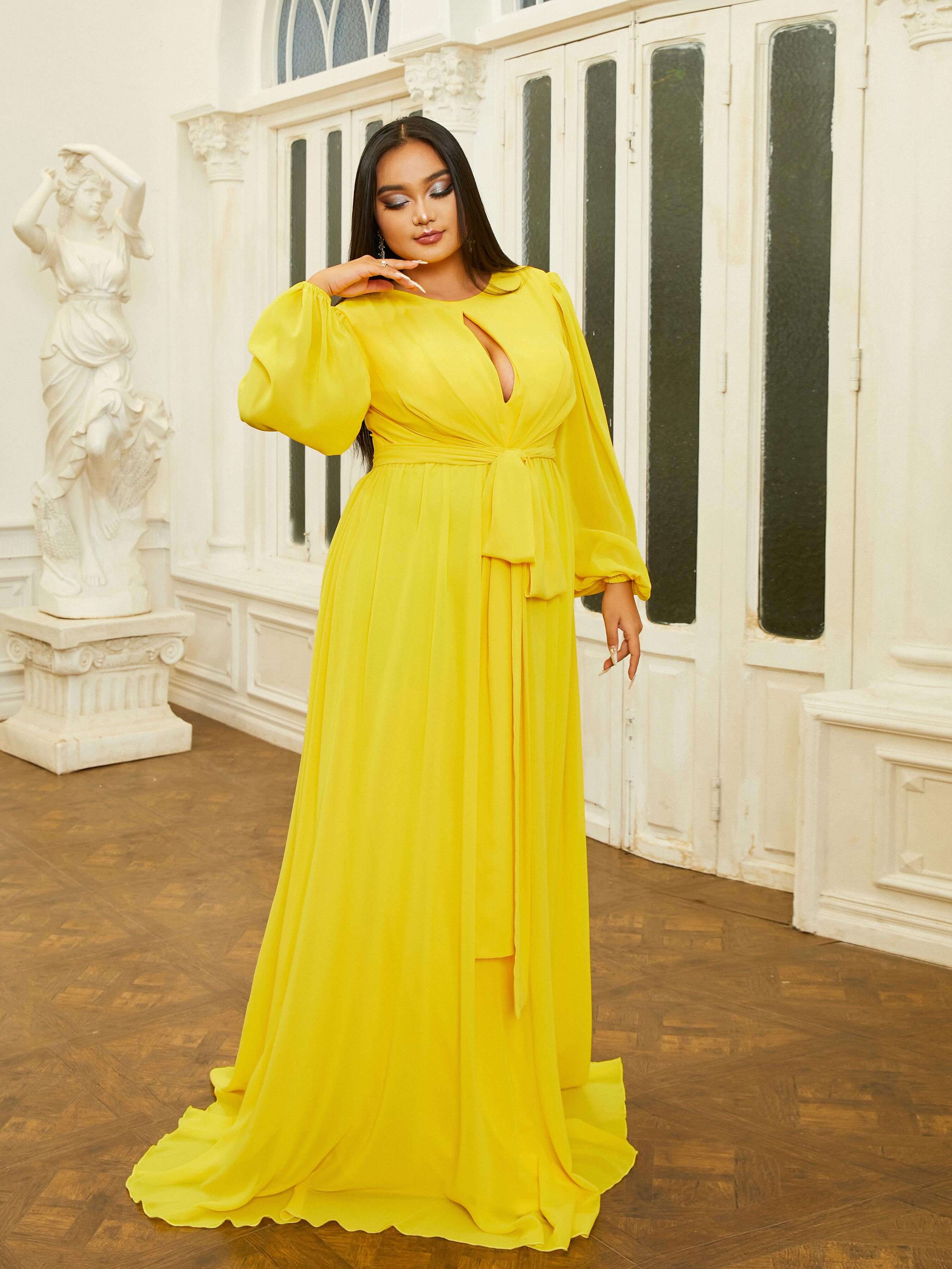 Plus Size Cutout Belt Ballon Sleeve Prom Dress PRJ10965