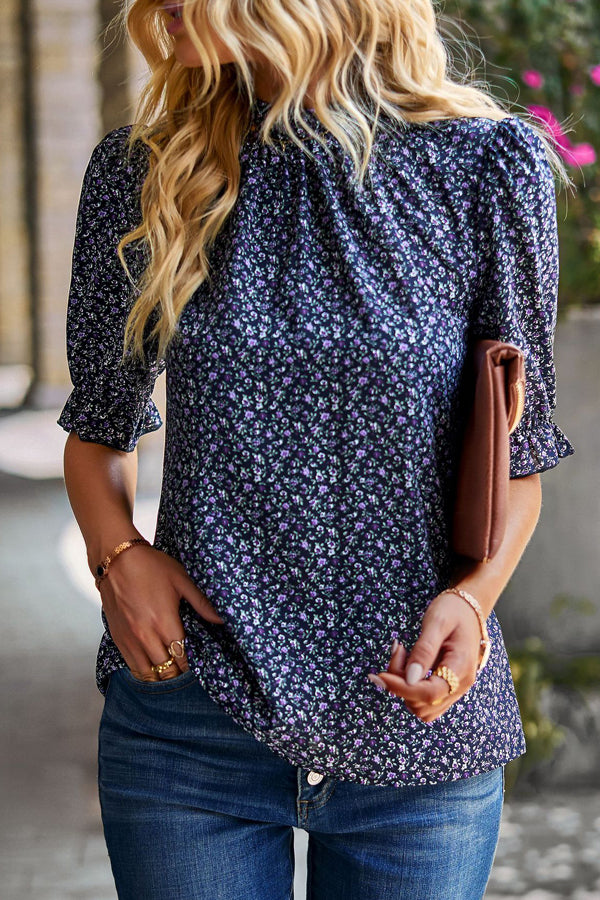 Floral Print Short Sleeve Ruffled Casual Tops