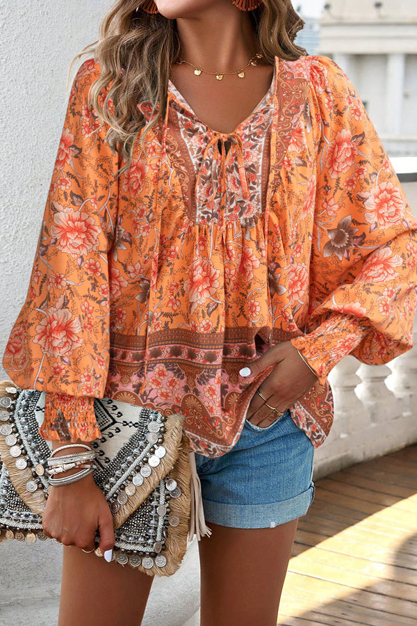 Floral Print Long Sleeve V Neck Casual Tops