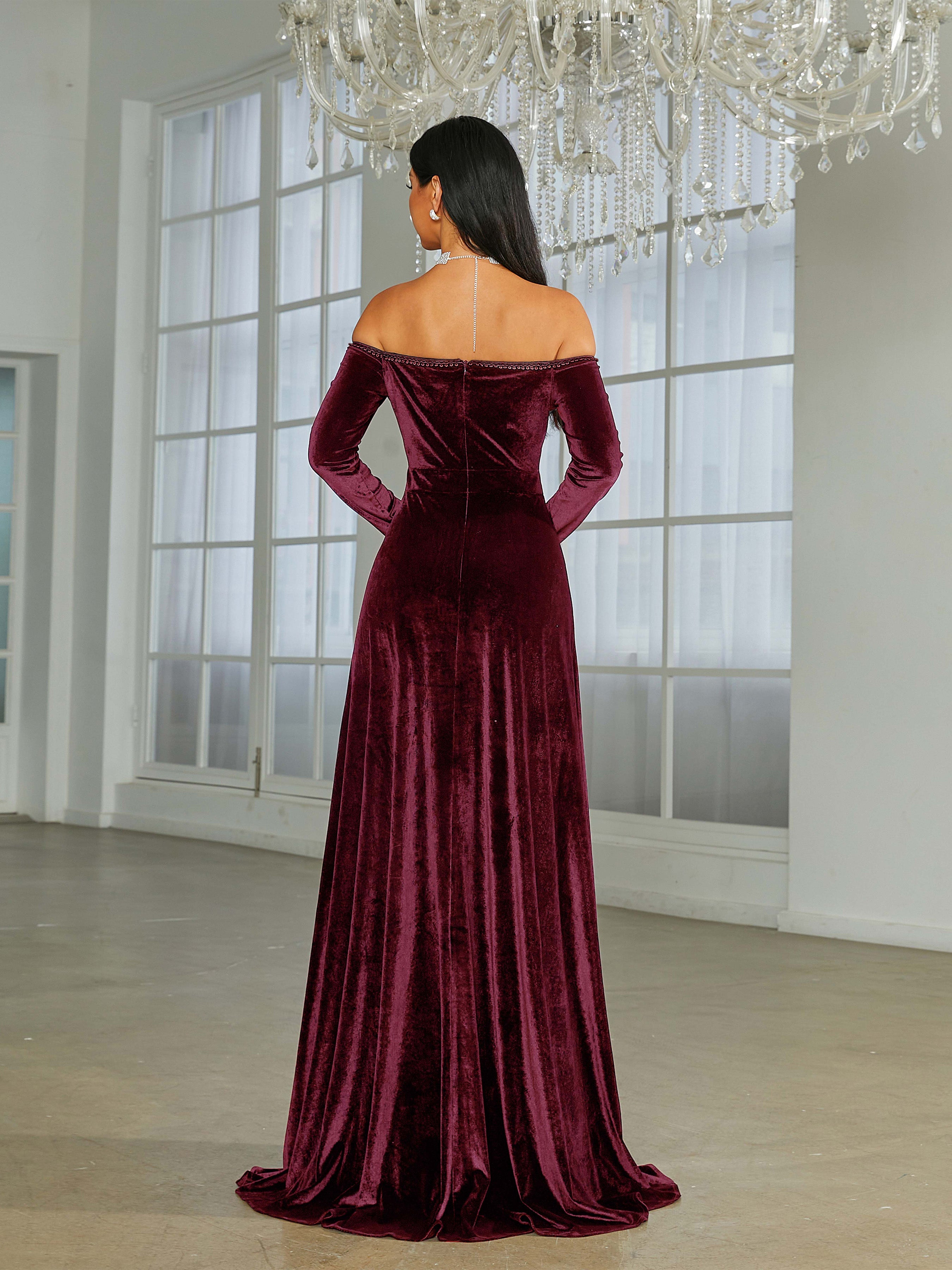 Off The Shoulder High Split Black Velvet Evening Dress XJ1946