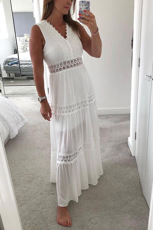 Lace V Neck Sleeveless Maxi Dress - Fashionpara