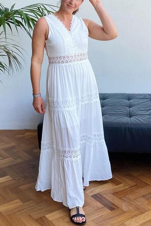 Lace V Neck Sleeveless Maxi Dress - Fashionpara