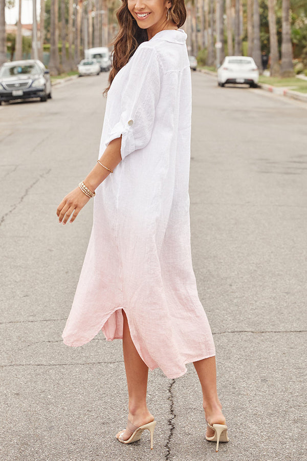 Gradient Turndown Collar Button Shirt Maxi Dress - Fashionpara