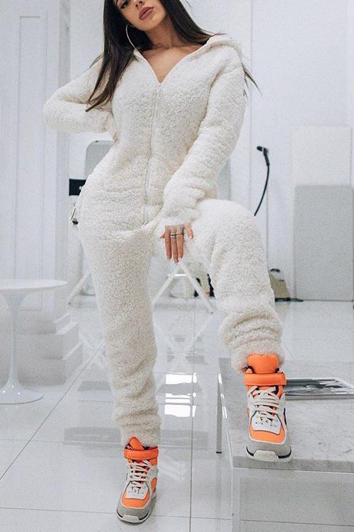 Fuzzy Hoodie Collar Jumpsuit Pajamas - Fashionpara