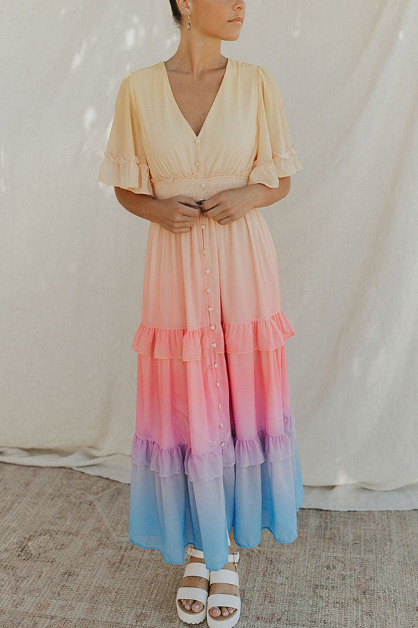 Ombre Sunset Ruffles Maxi Dress - Fashionpara