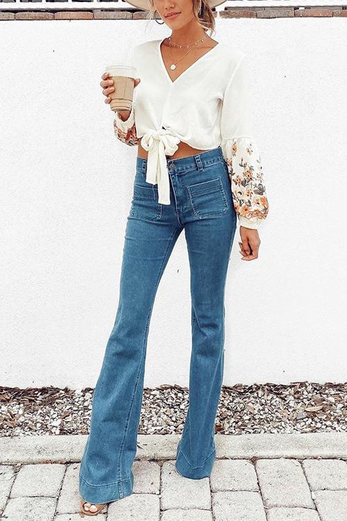 Pocket Trumpet Flare Jeans - Fashionpara