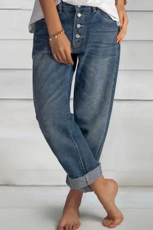 Button Loose Leg Jeans - Fashionpara